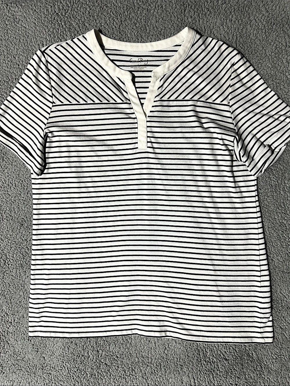 Coral Bay Women’s L White Black Striped Short Sleeve Henley Top Cotton Blend